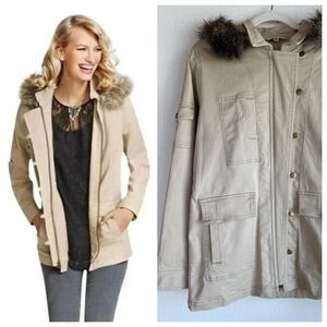 CAbi Nanook Hooded Utility Chore Coat Jacket in Khaki w Removable Faux Fur Trim